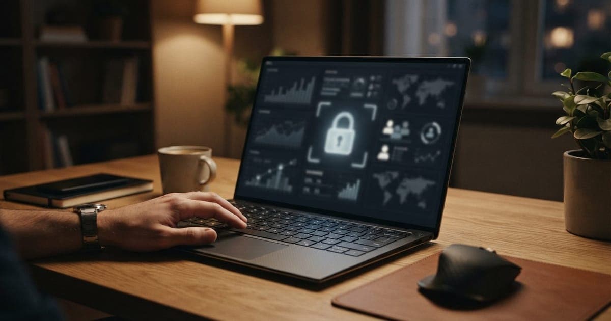 Close em um notebook aberto em um ambiente de escritório doméstico com ícones de cadeado e vigilância digital