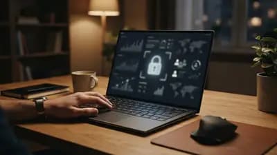 Close em um notebook aberto em um ambiente de escritório doméstico com ícones de cadeado e vigilância digital