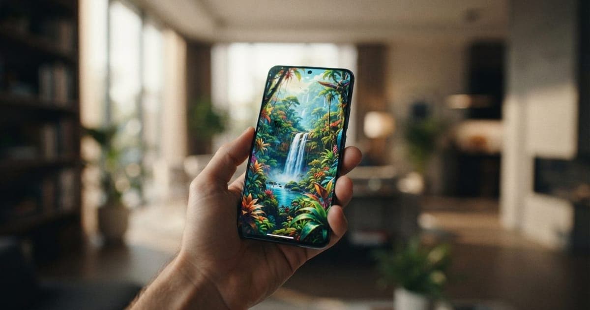 Mão segurando o smartphone Moto G Max exibindo sua tela AMOLED brilhante em um ambiente interno com iluminação suave ao fundo.