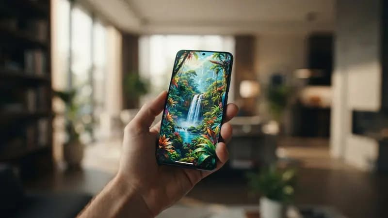 Mão segurando o smartphone Moto G Max exibindo sua tela AMOLED brilhante em um ambiente interno com iluminação suave ao fundo.