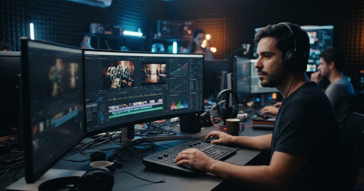 Escritório de pós-produção moderno com telas exibindo softwares de edição de vídeo e ferramentas de inteligência artificial da Netflix.