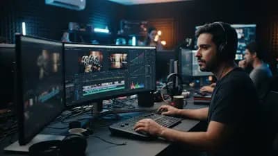 Escritório de pós-produção moderno com telas exibindo softwares de edição de vídeo e ferramentas de inteligência artificial da Netflix.