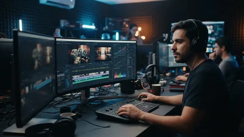 Escritório de pós-produção moderno com telas exibindo softwares de edição de vídeo e ferramentas de inteligência artificial da Netflix.