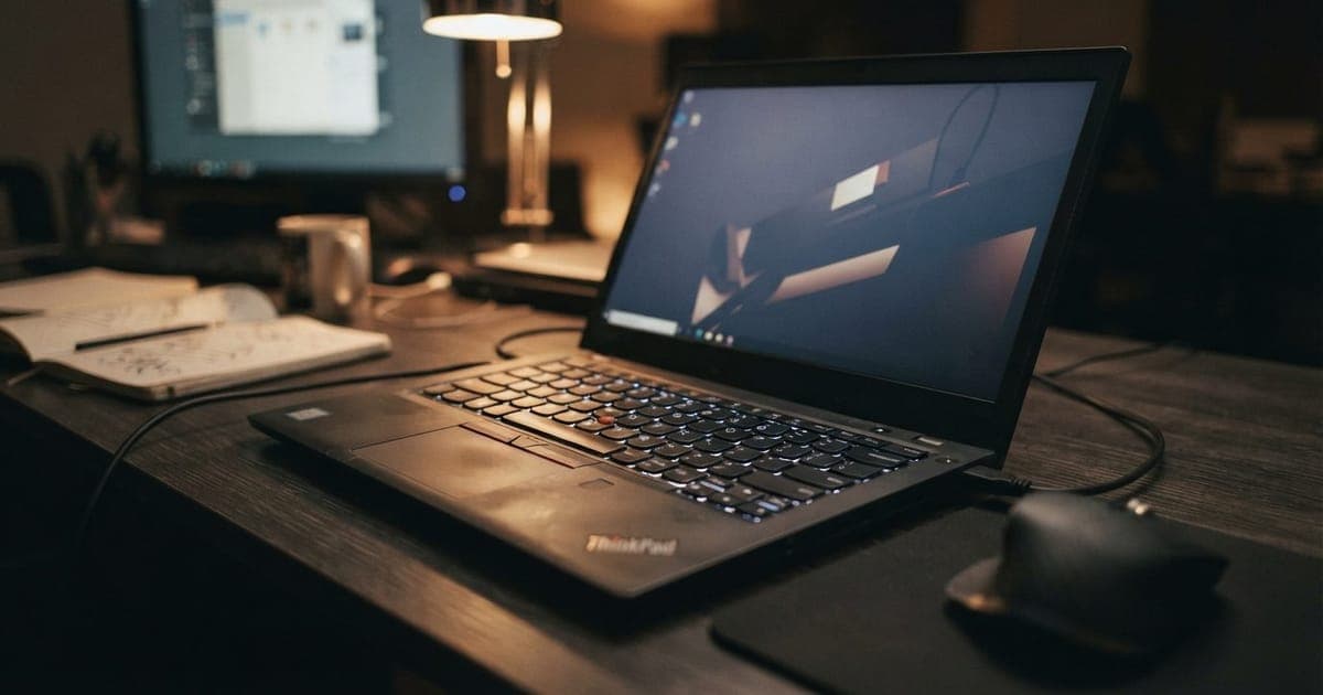 Detalhe de um notebook profissional Lenovo ThinkPad sobre uma mesa de escritório com teclado retroiluminado