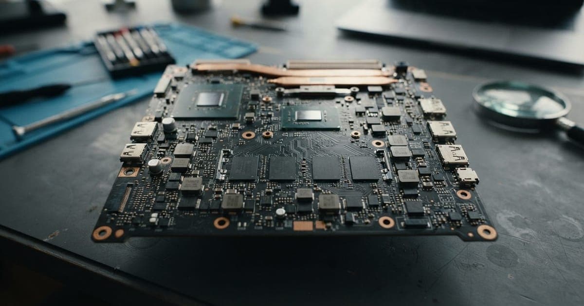 Placa-mãe de notebook com chips de memória RAM soldados e componentes eletrônicos detalhados vistos de cima