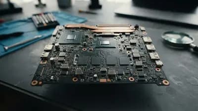 Placa-mãe de notebook com chips de memória RAM soldados e componentes eletrônicos detalhados vistos de cima