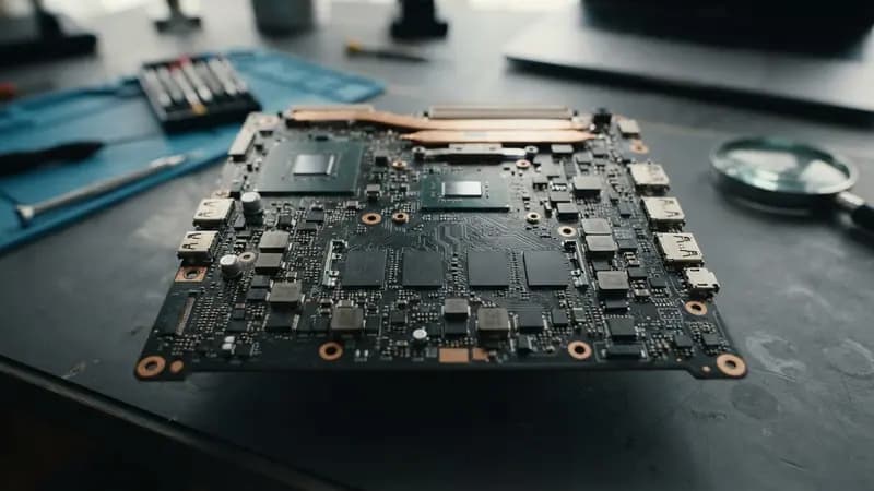 Placa-mãe de notebook com chips de memória RAM soldados e componentes eletrônicos detalhados vistos de cima