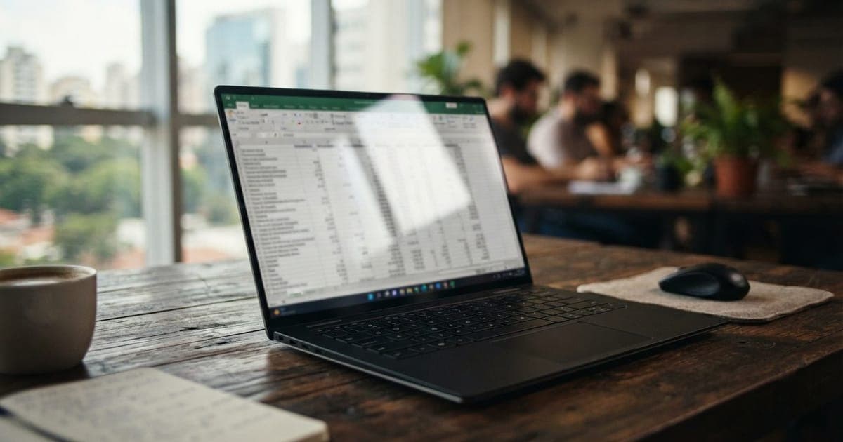 Notebook aberto em mesa de escritório com tela brilhante exibindo planilha e reflexo de luz intensa na superfície
