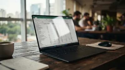 Notebook aberto em mesa de escritório com tela brilhante exibindo planilha e reflexo de luz intensa na superfície