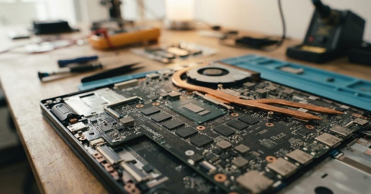 Placa-mãe de notebook com chips de memória RAM soldados diretamente no circuito impresso em formato BGA.