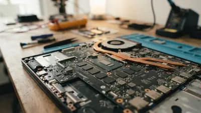 Placa-mãe de notebook com chips de memória RAM soldados diretamente no circuito impresso em formato BGA.