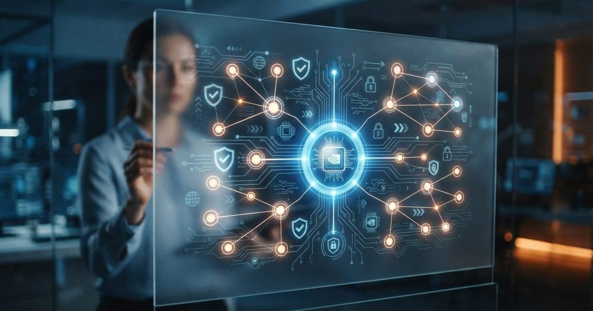 Diagrama conceitual representando a aliança Open Secure AI com ícones de segurança cibernética e conectividade digital