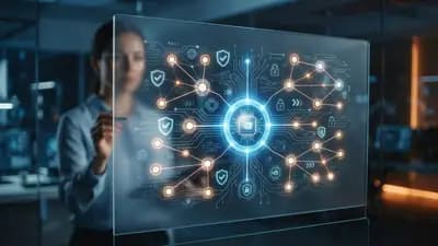 Diagrama conceitual representando a aliança Open Secure AI com ícones de segurança cibernética e conectividade digital