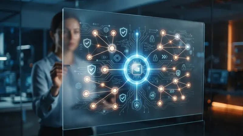 Diagrama conceitual representando a aliança Open Secure AI com ícones de segurança cibernética e conectividade digital