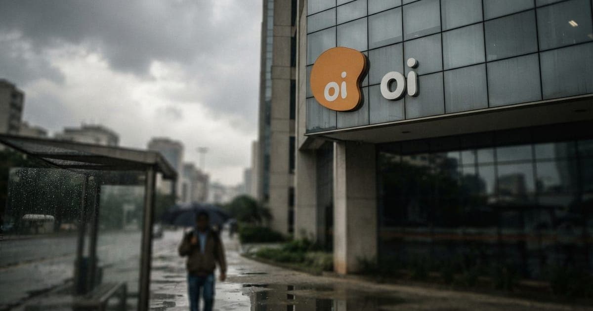 Fachada de um prédio administrativo da empresa de telecomunicações Oi com logo visível em dia nublado e céu cinzento.