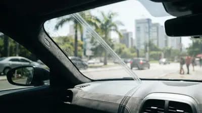 Detalhe de para-brisa de carro com película transparente aplicada, mostrando isolamento térmico e alta visibilidade