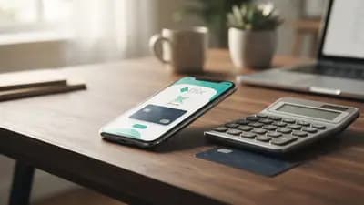 Smartphone exibindo tela de pagamento Pix e cartão de crédito sobre mesa de escritório com calculadora ao lado