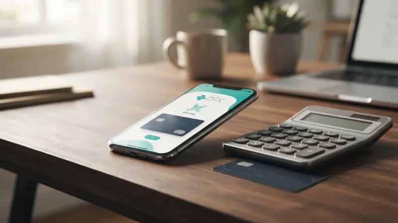Smartphone exibindo tela de pagamento Pix e cartão de crédito sobre mesa de escritório com calculadora ao lado