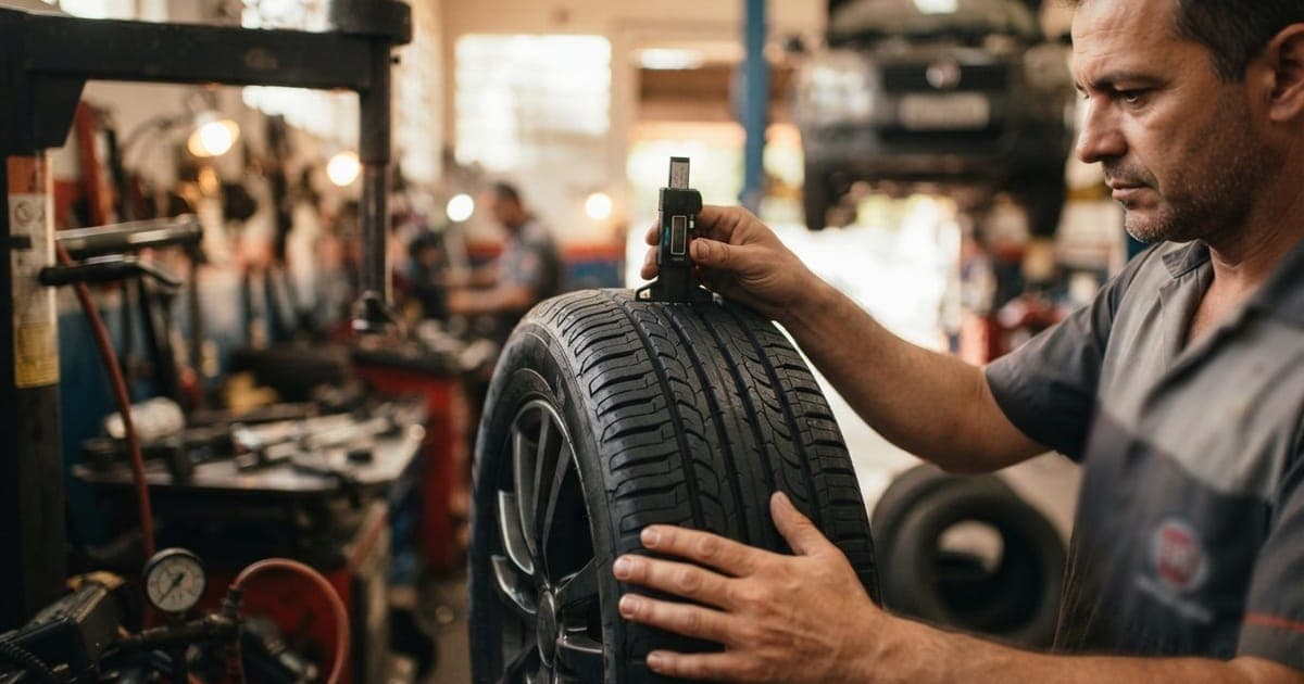 Close em um pneu de carro em oficina mecânica passando por inspeção técnica antes da instalação no veículo