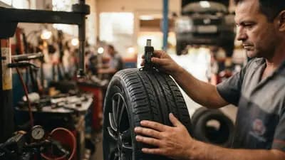Close em um pneu de carro em oficina mecânica passando por inspeção técnica antes da instalação no veículo
