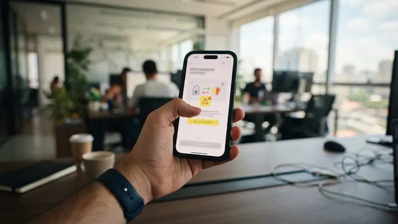 Smartphone exibindo tela de aplicativo bancário com aviso de segurança sobre chaves Pix em ambiente iluminado de escritório