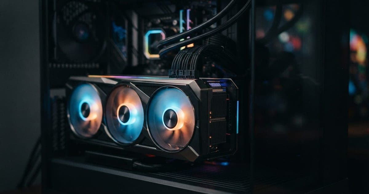 Close-up em uma placa de vídeo gamer de alta performance com fans iluminadas em um gabinete de computador moderno.