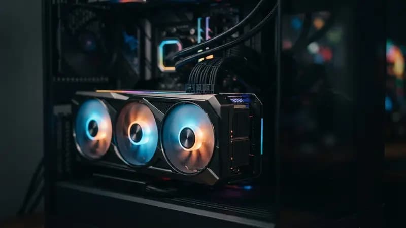 Close-up em uma placa de vídeo gamer de alta performance com fans iluminadas em um gabinete de computador moderno.