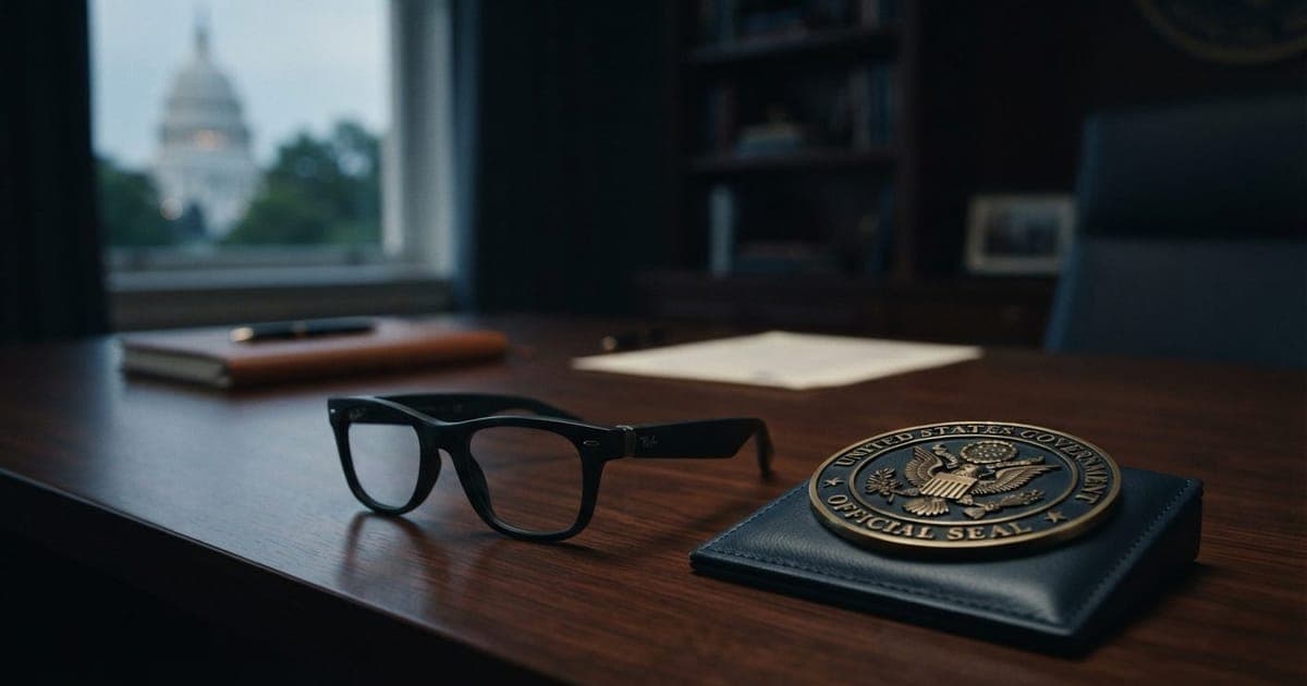 Óculos inteligentes da Meta sobre uma mesa ao lado de um emblema oficial do governo norte-americano.