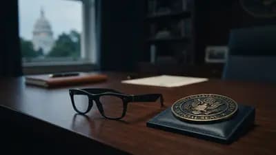 Óculos inteligentes da Meta sobre uma mesa ao lado de um emblema oficial do governo norte-americano.