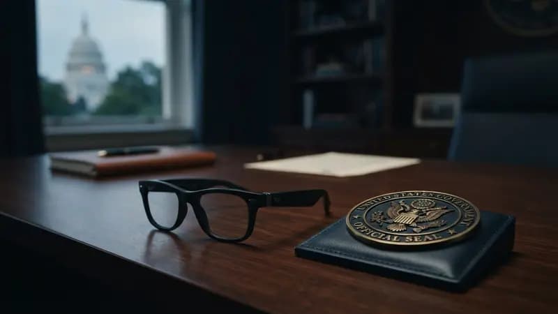 Óculos inteligentes da Meta sobre uma mesa ao lado de um emblema oficial do governo norte-americano.