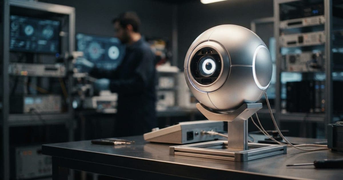 Dispositivo tecnológico esférico prateado representando o scanner Orb utilizado para escaneamento de íris em laboratório.