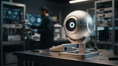 Dispositivo tecnológico esférico prateado representando o scanner Orb utilizado para escaneamento de íris em laboratório.