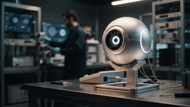Dispositivo tecnológico esférico prateado representando o scanner Orb utilizado para escaneamento de íris em laboratório.
