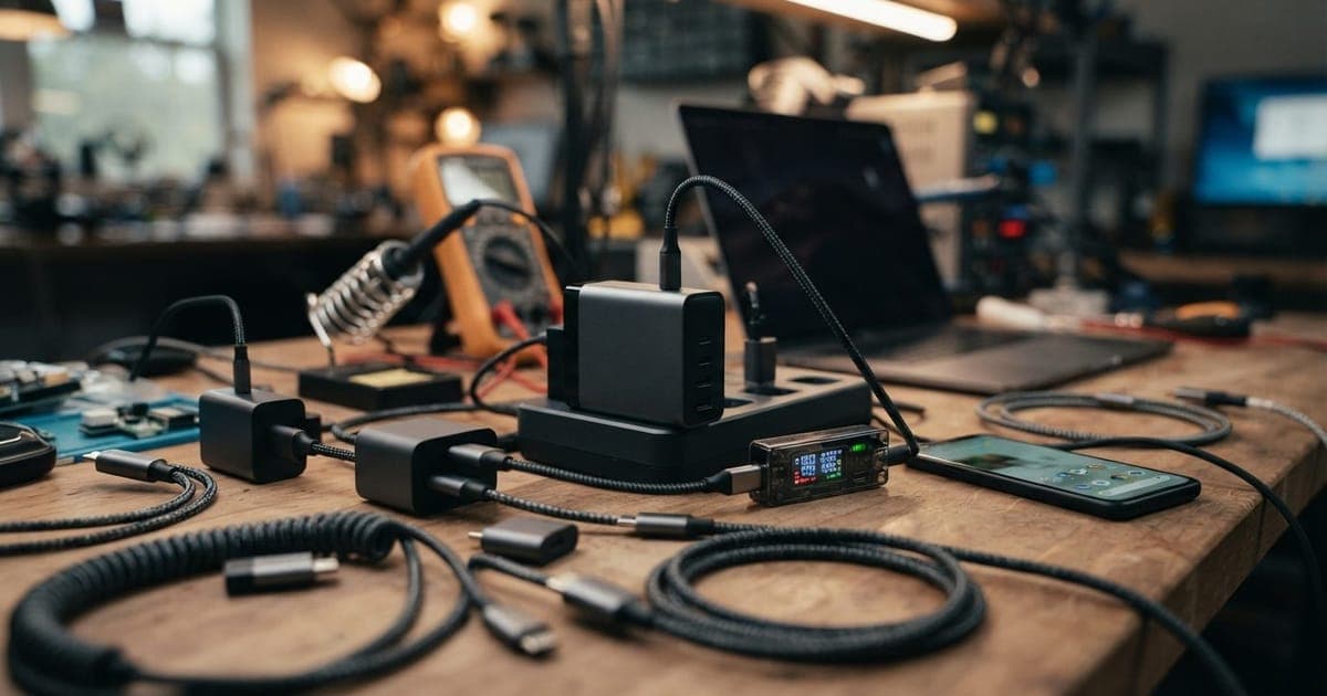 Close-up de diversos cabos e fontes de carregadores USB-C organizados sobre uma mesa técnica para verificação de potência.