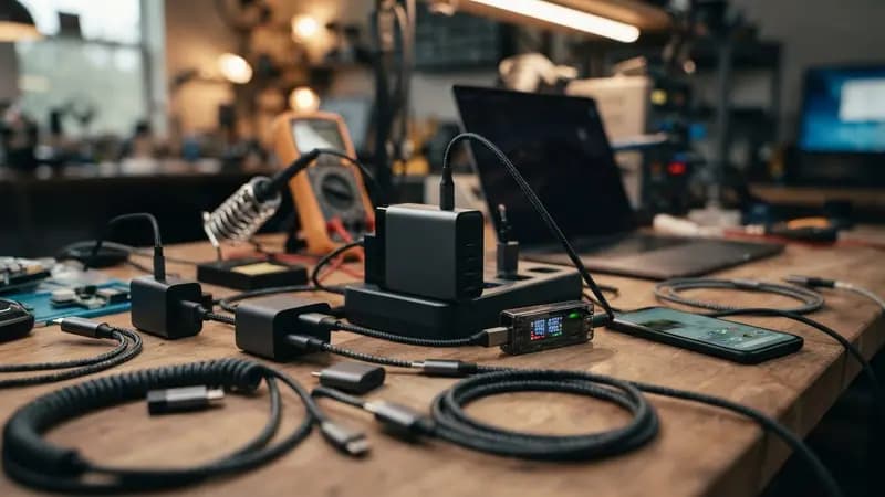 Close-up de diversos cabos e fontes de carregadores USB-C organizados sobre uma mesa técnica para verificação de potência.