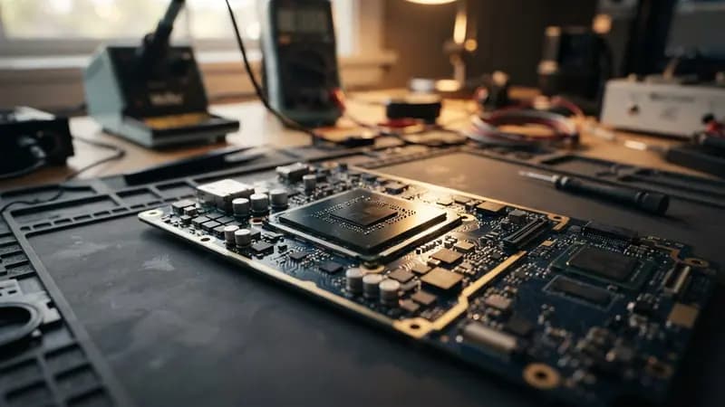 Close-up de placa de circuito impresso de smartphone com processador moderno da Qualcomm em destaque sobre mesa técnica.