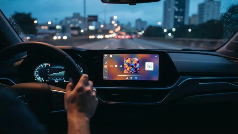 Painel digital de um carro moderno exibindo informações visuais e capa de álbum via tecnologia de Rádio 3.0.