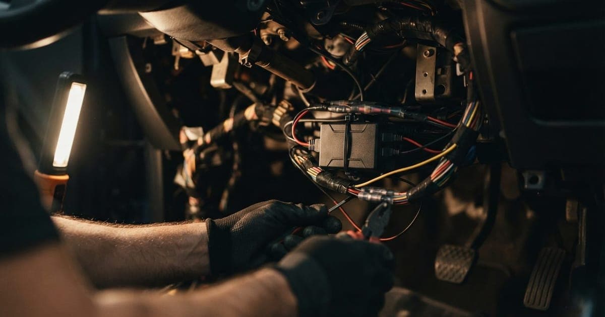 Detalhe de módulo eletrônico instalado sob o painel de um carro popular durante manutenção automotiva técnica