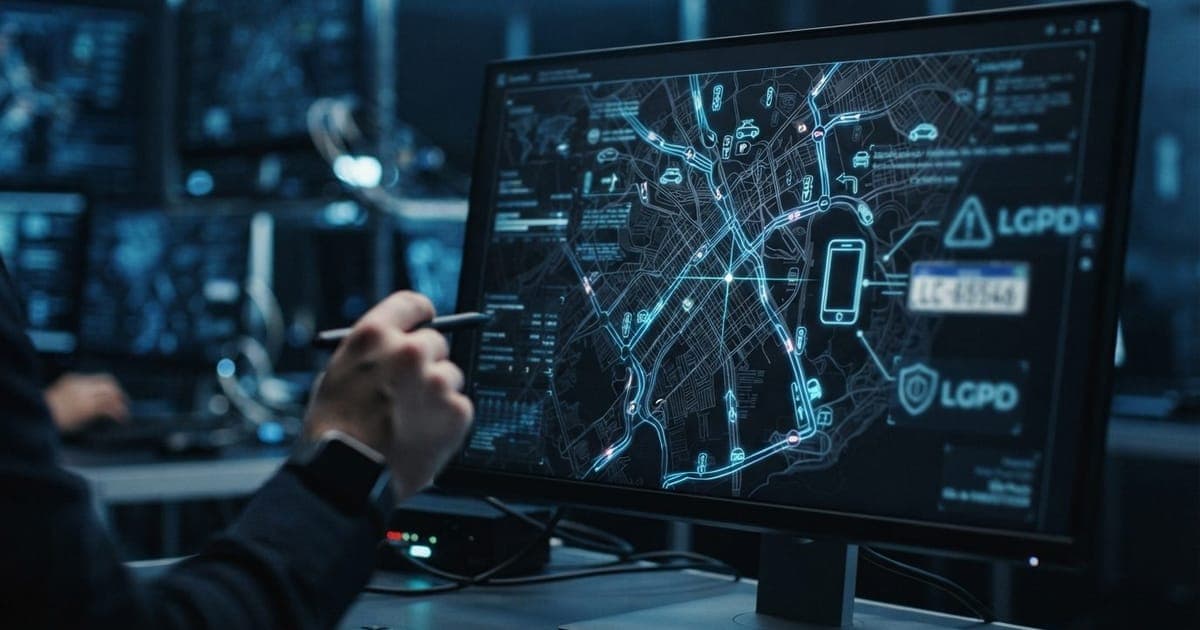 Ilustração técnica mostrando um ponto de 1 pixel sobreposto a um mapa digital com rotas e sinais de trânsito em neon azul.