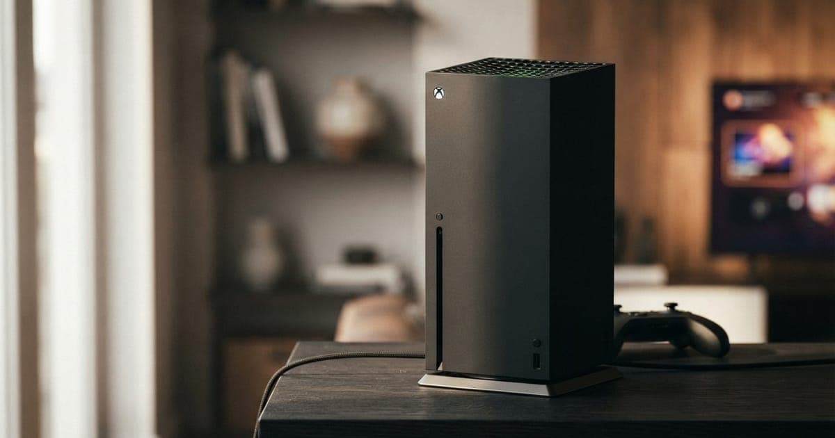 Close do console Xbox Series X em um suporte moderno sobre uma mesa, com luz ambiente focada no design do hardware.