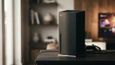 Close do console Xbox Series X em um suporte moderno sobre uma mesa, com luz ambiente focada no design do hardware.