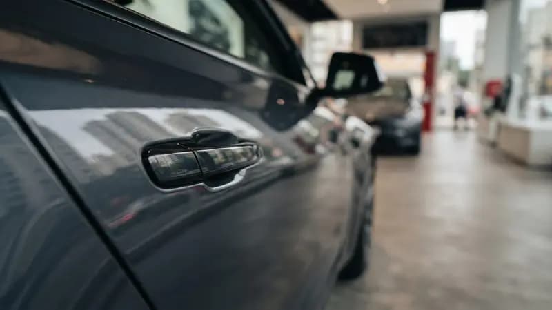 Detalhe da maçaneta de uma porta de carro elétrico Tesla com reflexo urbano em uma concessionária moderna