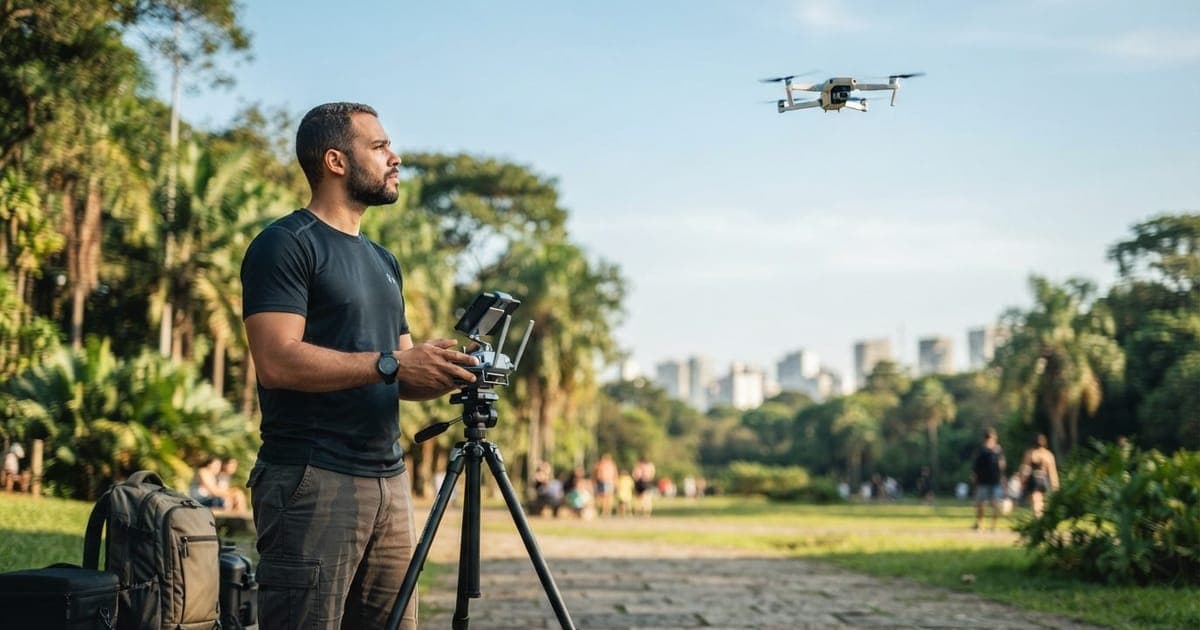 Homem operando um drone em um parque ensolarado, demonstrando uso consciente conforme a lei brasileira.