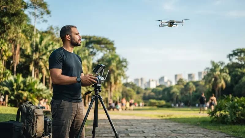 Homem operando um drone em um parque ensolarado, demonstrando uso consciente conforme a lei brasileira.