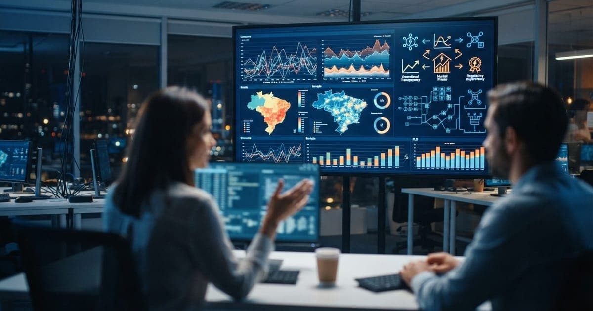 Painel gráfico exibindo dados de consumo elétrico e símbolos de órgãos reguladores em um ambiente de escritório.