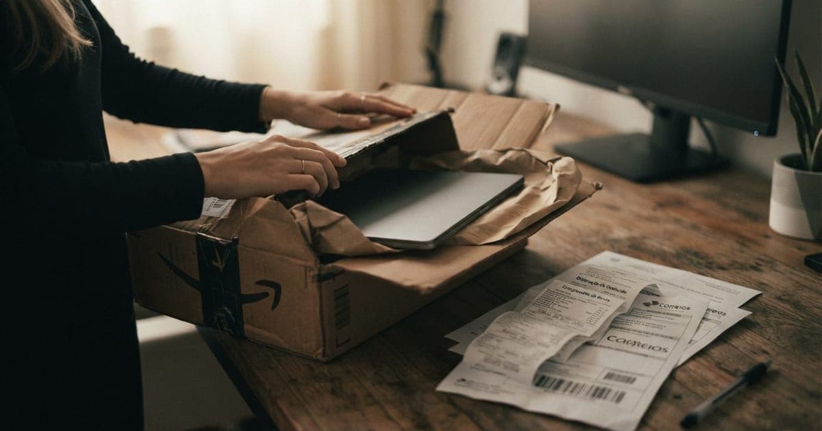 Caixa de encomenda sendo aberta sobre uma mesa, mostrando um dispositivo eletrônico ao lado de comprovantes de envio