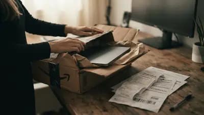 Caixa de encomenda sendo aberta sobre uma mesa, mostrando um dispositivo eletrônico ao lado de comprovantes de envio