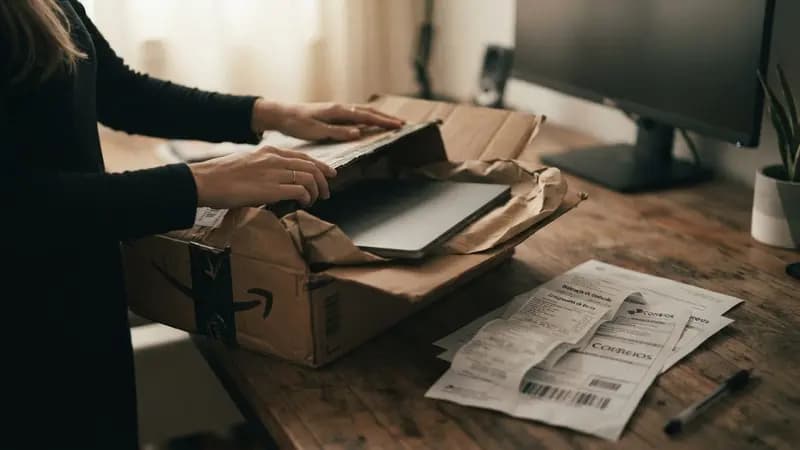 Caixa de encomenda sendo aberta sobre uma mesa, mostrando um dispositivo eletrônico ao lado de comprovantes de envio
