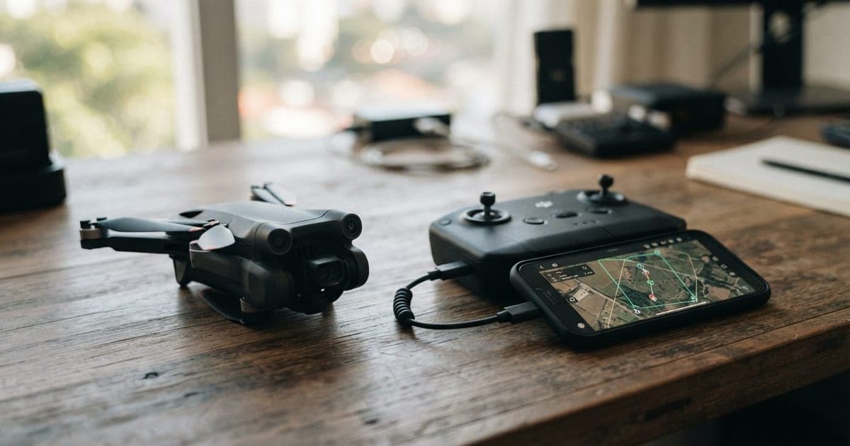 Close-up em drone compacto de cor cinza pousado sobre mesa com controle remoto e smartphone conectado ao sistema SARPAS