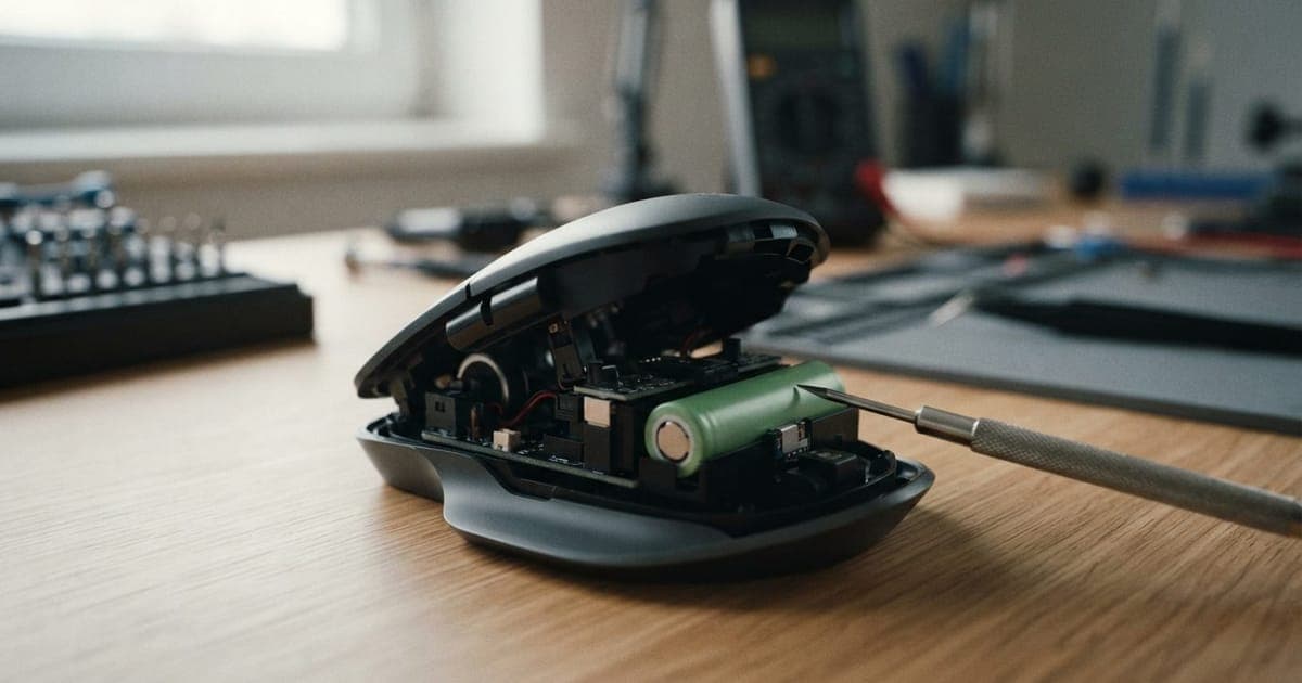 Close em mouse sem fio moderno sendo aberto para revelação de bateria interna substituível em uma bancada técnica.